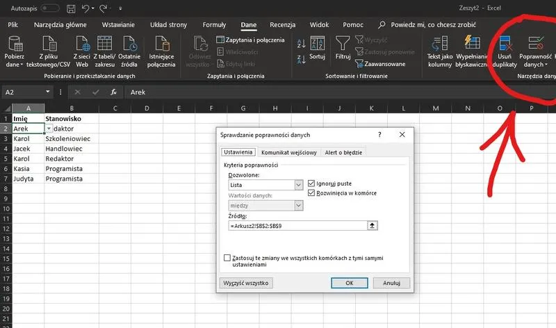 Walidacja danych Excel
